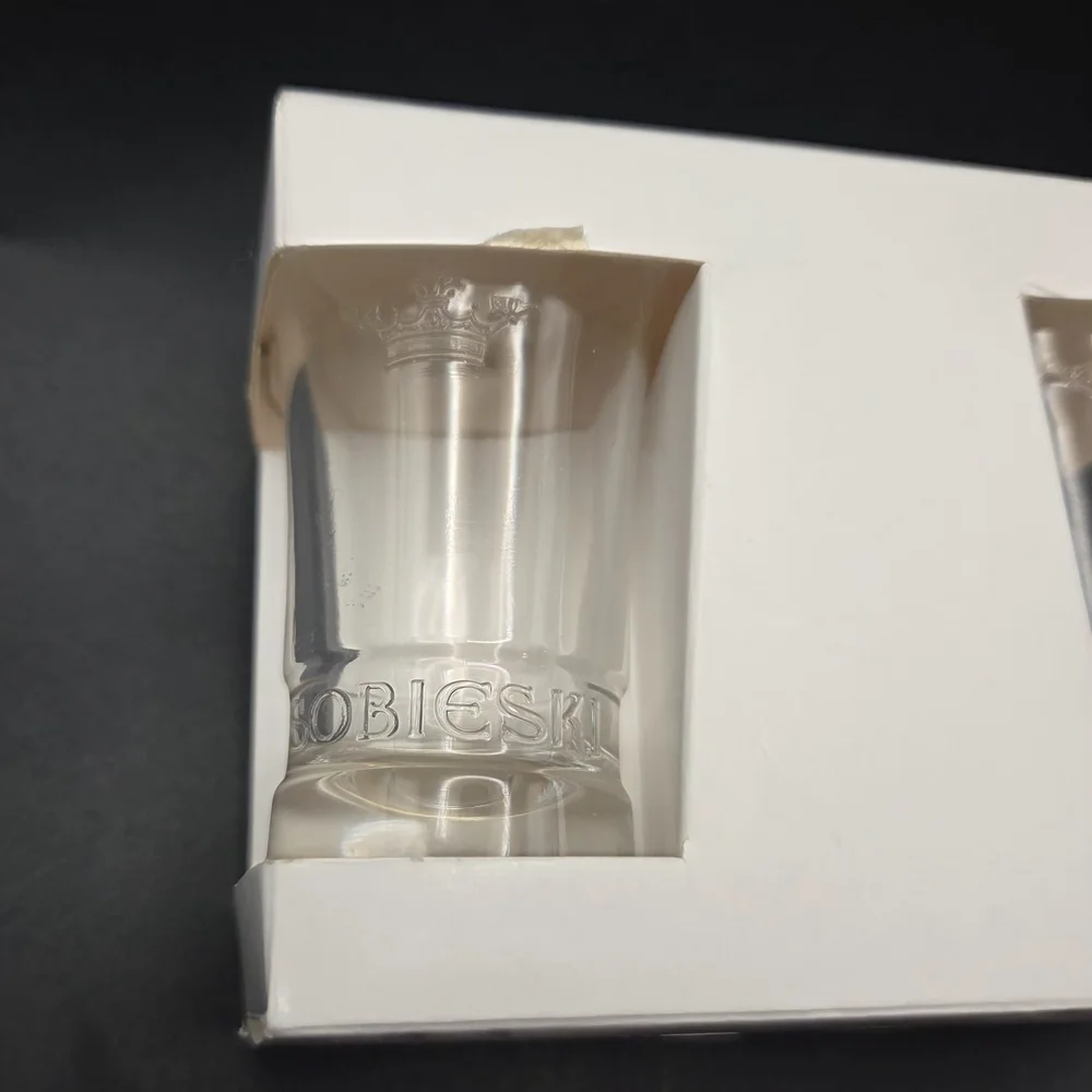 SOBIESKI Polish Vodka Shot Glasses, Set Of 2 Embossed Crown and Logo/Label, NIB